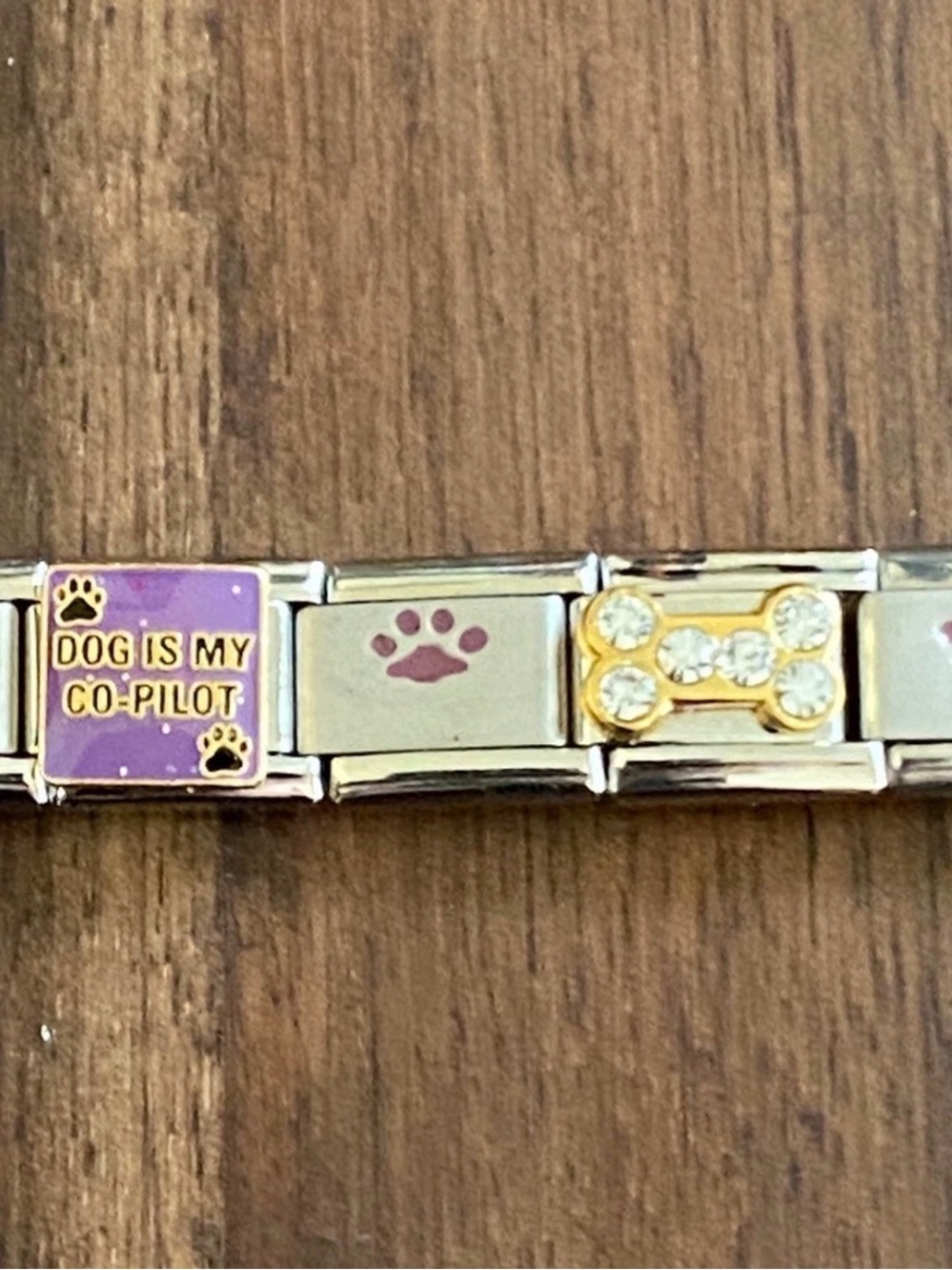 Dog Is My Co-Pilot Purple Paw & Crystal Bone Italian Charm Bracelet